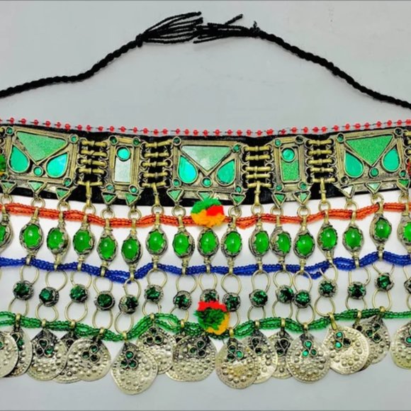 Multicolor Choker Necklace, Tribal Afghan Choker With Silver Dangling Coins - Picture 4 of 6